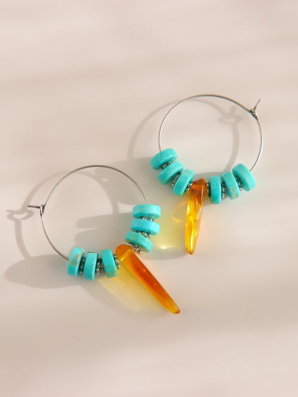 Turquoise Hoop Earrings with Baltic Amber - Picture 3 of 5